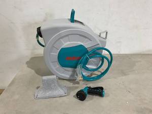 lot 66 image: ENEACRO Retractable 12 Inch  100 ft Garden Hose Reel with Wall Mount and with 9 Pattern Hose Nozzle