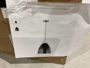 lot 624 image: Norman 1-Light Satin Brass Modern Industrial Hanging Pendant with Black Metal Shade