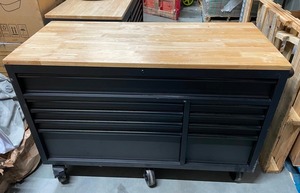 lot 38 image: Husky 56 in. W x 24.5 in. D Heavy Duty 9-Drawer Mobile Workbench Tool Chest with Solid Hardwood Work Top in Matte Black