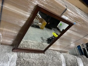 lot 57 image: 24 in. W x 31 in. H Framed Rectangular Bathroom Vanity Mirror in Mahogany - New - Opened Box