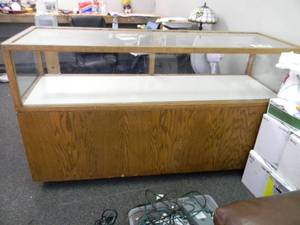 DISPLAY CABINET WITH STORAGE IN BOTTOM - APPROX 72long - 42high - 24deep - SOLID PIECE - BRING HELP TO REMOVE