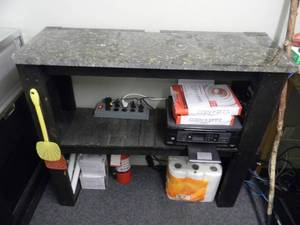 SHELF WITH HEAVY TOP COMPUTER  CASH REGISTER - APPROX 46long - 42high - 15deep - SOLID PIECE - NO CONTENTS INCLUDED - BRING HELP TO REMOVE