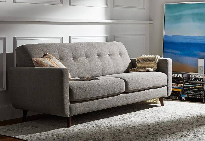 lot 2 image: Brand New Rivet Sloane Mid-Century Modern Style Pebble Grey Sofa Couch T