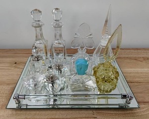lot 75 image: Assortment of Glass Decanters, Bottles, Dishes, Vanity Tray, Etc. D