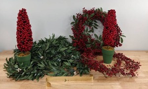 lot 98 image: Assortment of Artificial Red Berry Wreath, Red Berry Potted Christmas Tree, Green Leaf, Etc. D