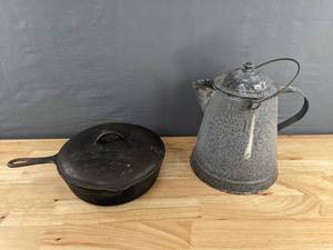 lot 89 image: Cast Iron Skillet with Cover and Enamel Coffee Pot   D