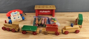 lot 74 image: Vintage Fisher Price Telephone Toy, Train, Wooden Pound Peg Toy and More   D