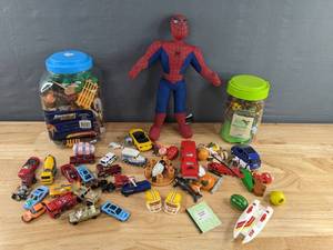 lot 70 image: Adventure Force Farm Animals Bucket, Adventure Ahead Dino Bucket, Plush Spiderman and Small Cars  D