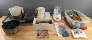 lot 92 image: Cuisinart Mini Prep Plus, Baking Pans, White Dishes and Other Various Kitchen Items   D