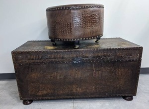 lot 28 image: Vintage French Studded Storage Trunk Chest and Small Foot Stool Rest Ottoman D