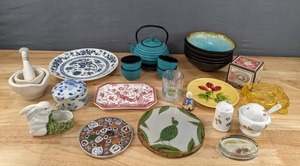 lot 205 image: Collection of Over 25 Colorful Glass Serving Dishes & Teal Cast Iron Tea Set D