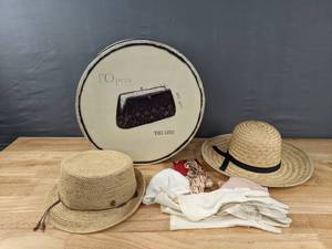 lot 218 image: Hat Box, Gloves, (1) Tommy Bahama Hat (XL) and (1) Hat D