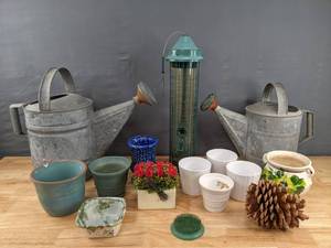 lot 193 image: Garden Decor Galvanized Metal Watering Cans, Flowerpots, and More D