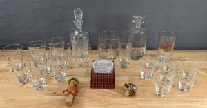 lot 197 image: Beautiful Collection of Crystal & Glass Decor Decanters, Wine Toppers, Glasses, Coasters, & More D