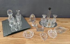lot 200 image: Assortment of Cut Glass Decorative Items Decanters, Paperweights, Ashtrays, Trinket Dishes, Vases, Table Clock Candleholder & Vanity Jar D