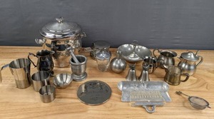 lot 204 image: Assortment of Over 20 Silver Serving Pieces Ice Bucket, Pitchers, Cream & Sugar Sets, Mortar & Pestle, Serving Tray, Silent Butler, Jiggers and More D