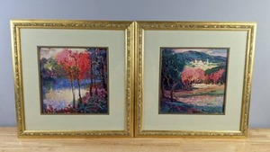 lot 89A image: Pair of Gold Frame Colorful Foliage Tree Wall Art D
