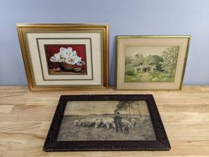 lot 225 image: (3) Framed Pieces of Art (Pamela Gladding Flowers, Cottage, A. Mauve Shepherd) D