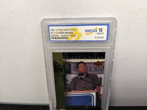 lot 46B image: WCG Graded 10 Tiger Woods 2001 Upper Deck Golf Rookie Tigers Tales Card #TT12 V