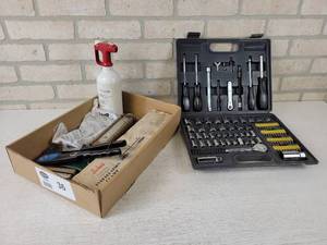 lot 35 image: Assorted Hand Tools - Mastercraft Tool Set, Fire Extinguisher, Leather V-Belt Installer and More
