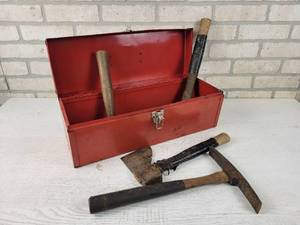 lot 46 image: Steel Toolbox with Hatchet, Ballpeen Hammer and More