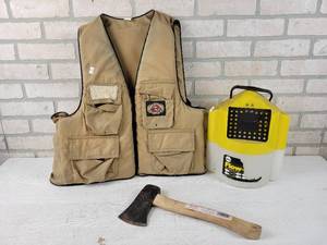 lot 48 image: Madison Model 1810 Camp Axe, Stearns Adult X-Large Life Jacket and Frabill Minnow Bucket