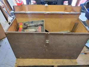 lot 60 image: Wood Toolchest with Contents - New Craftsman Tool Kit, Square, Level, Stapler and More - NO SHIPPING