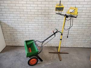 lot 67 image: Scotts Steel Lawn Spreader and Shop Light (Needs Bulbs) - NO SHIPPING