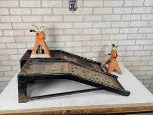 lot 74 image: Set of Steel Car Ramps and Pair of 3-Ton Jack Stands - NO SHIPPING