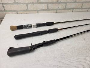 lot 94 image: (3) Fishing Rods - Johnson Century 100N Graphite 56, Shakespeare Ugly Stik Model SPL1100 48 and NEW Zebco Gatorback GBS602M 60 - NO SHIPPING