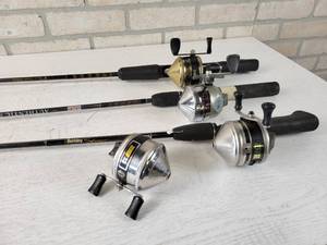 lot 99 image: (4) Fishing Reels and (3) Fishing Rods - (2) ZEBCO 33, ZEBCO 33 Gold, ZEBCO 202, Berkley Stinger ST16 56 Rod, ZEBCO Authentic Series 60 Rod and Bass Pro Shop Graphite Gold 60 - NO SHIPPING