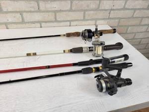 lot 106 image: (4) Fishing Rods and (3) Reels - NO SHIPPING