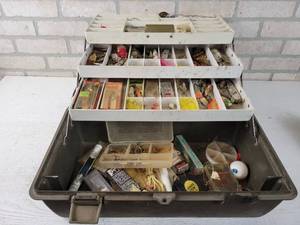 lot 112 image: Fishing Tackle Box Loaded with Tackle - Dardevles, Wood Lures, Jigs and More - NO SHIPPING