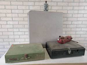 lot 134 image: Poly Folding Table (48 x 24) and (2) Camp Stoves - Winchester Trailblazer and Coleman 425F - NO SHIPPING