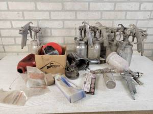 lot 167 image: Lot of Assorted Pneumatic Paint Sprayers - Mac Tools, Sharpe, ATD and More  Snap On Impact Gun For Parts