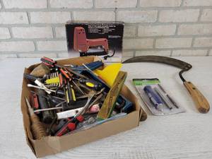 lot 187 image: Assorted Hand Tools - Screwdrivers, Pliers, Mallet, electric Stapler and More