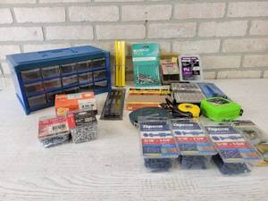 lot 189 image: Parts Organizer, Concrete Screws, Hardware, Tape Measures and More