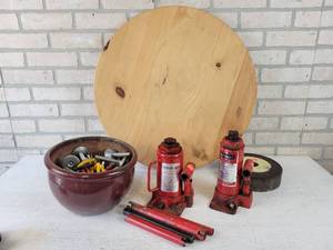 lot 192 image: 12-Ton & 3-Ton Bottle Jacks (Both Work), Round Wood Slab (24 Diameter x 1 Thick), Garage Hanging Hooks and More - NO SHIPPING