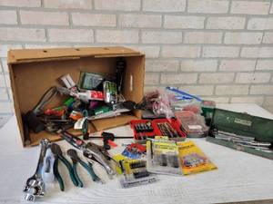 lot 200 image: Lot of Hand Tools and Hardware - DIAMALLOY Lineman Pliers, Channel Lock Wire Cutter, Vice-Grips, 14 Bit Kits, Drill Bits, Screws and More