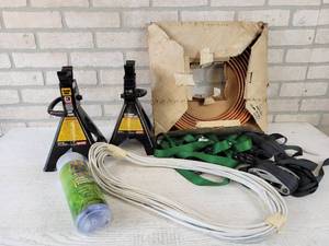 lot 203 image: Roll of 38 OD x 50 Copper Tubing, Wire, Pair of 3-Ton Jack Stands and Load Straps - NO SHIPPING