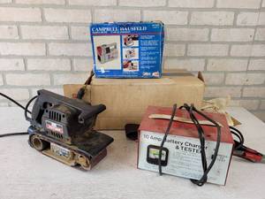 lot 236 image: CRAFTSMAN 3 Belt Sander (Works), Air Compressor and 10A 12V Battery Charger - NO SHIPPING