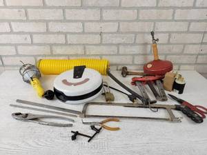 lot 242 image: Dayton 50 Cord Reel with Trouble Light, Hand Tools and More