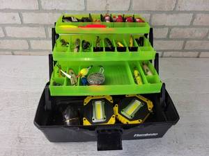 lot 272 image: Fishing tackle Box with Lots of Tackle - Many HEDDON Lures, LED Lights, Reel, Bobbers and More