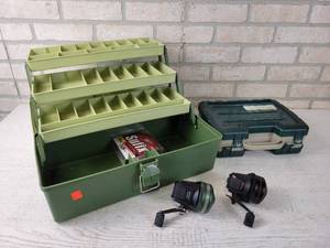 lot 273 image: (2) Tackle Boxes, Johnson Tangle-Free #10 Reel, Johnson Country Mile #6 Reel
