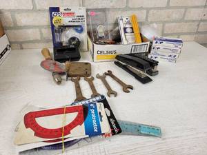 lot 275 image: Vintage Tools, Cabinet Hardware, Rulers, Air Brush Kit, Staplers  Staples and More