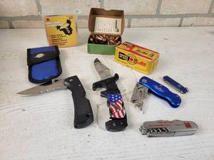 lot 274 image: Vintage Box of .375 Cal Bullets, Vintage Speer Bullets Box, Bowstring Servicing Tools and (5) Knives