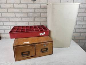 lot 292 image: Vintage COLE Wood Cabinet, Trash Can and More - NO SHIPPING