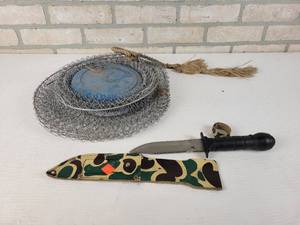 lot 317 image: Fish Basket and 5-34 Fixed Blade Survival Knife - Blade is Loose