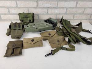 lot 324 image: Lot of Military Surplus - Folding Shovel in Case, Medical Pouch, Straps and Pouches
