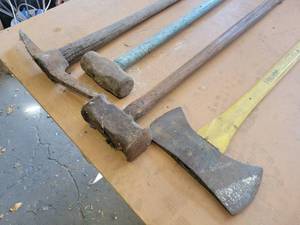lot 395 image: (2) Mauls, Double Bit Axe and Pick Axe - NO SHIPPING